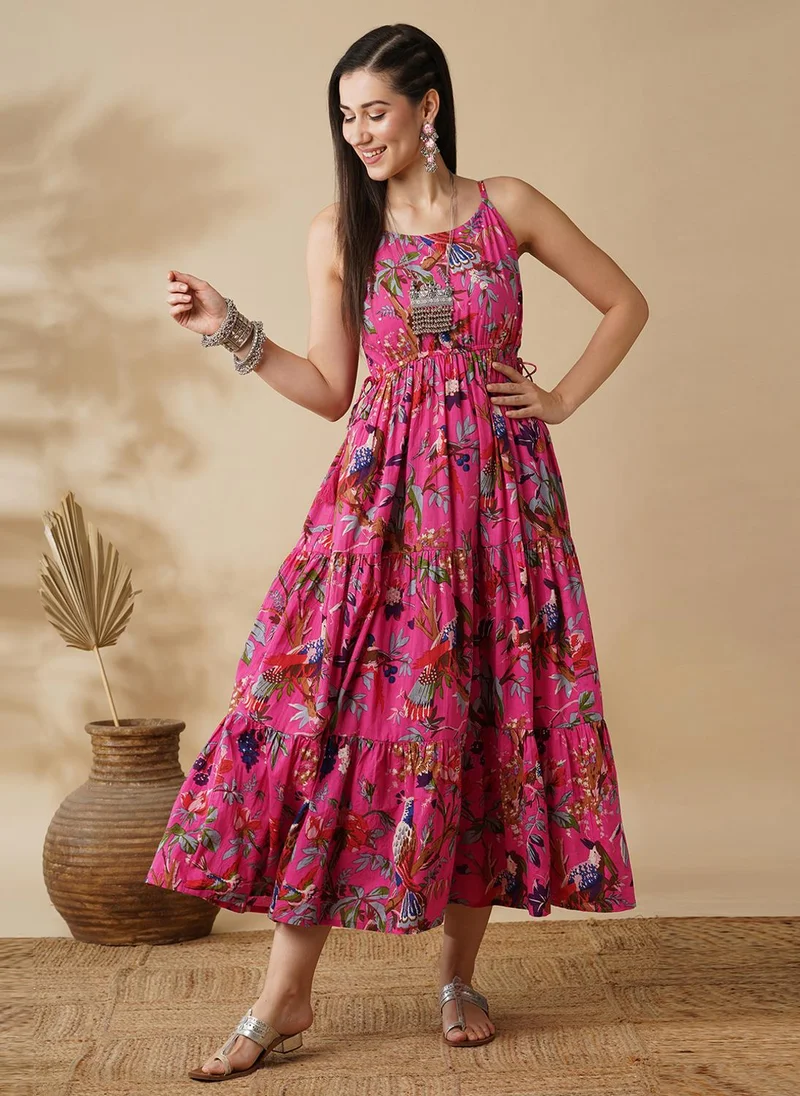 جلو باص Globus Women Pink Floral Printed Shoulder Straps Tie Ups Cotton Fit & Flare Maxi Ethnic Dress